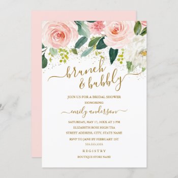 Gold Blush Floral Brunch And Bubbly Bridal Shower Invitation by LittleBayleigh at Zazzle
