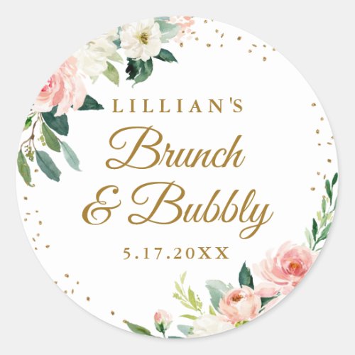 Gold Blush Floral Brunch And Bubbly Classic Round Sticker