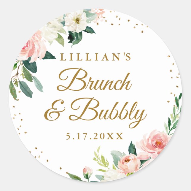 Gold Blush Floral Brunch And Bubbly Classic Round Sticker (Front)