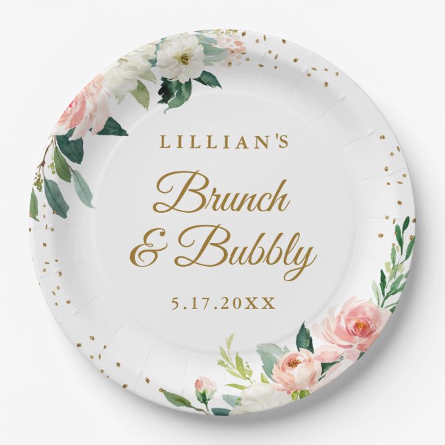 Gold Blush Floral Brunch And Bubbly Paper Plates (Front)