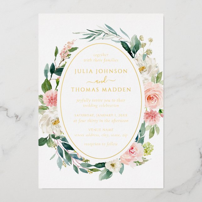 Gold Blush Floral Foliage Wedding Foil Invitation (Front)