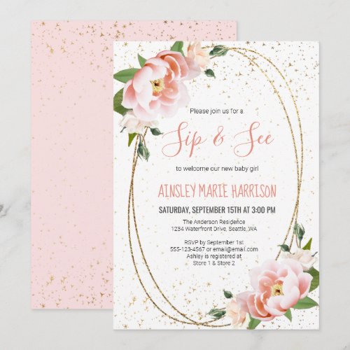 Gold Blush Floral Sip & See Baby Girl Shower