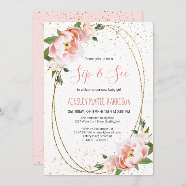 Gold Blush Floral Sip & See Baby Girl Shower Invitation (Front/Back)