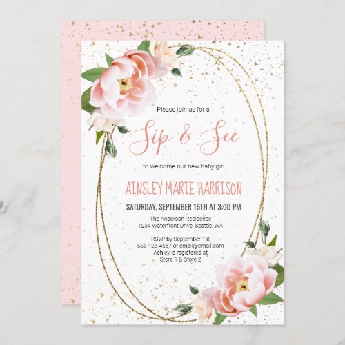 Gold Blush Floral Sip  See Baby Girl Shower Invitation