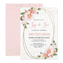 Gold Blush Floral Sip & See Baby Girl Shower Invitation