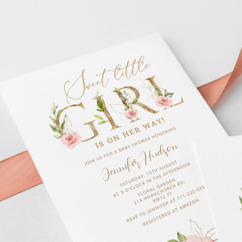 Gold blush floral Sweet little girl baby shower