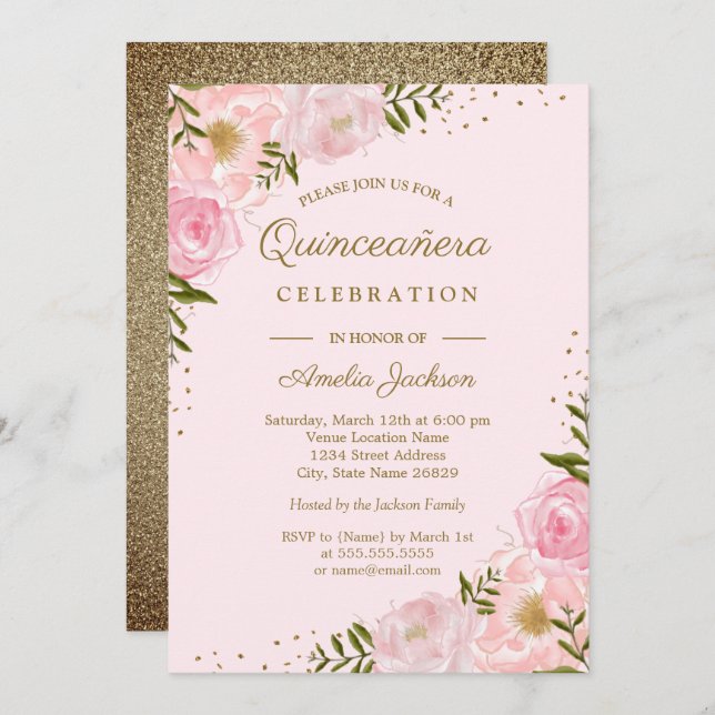 Gold Blush Floral Watercolor Quinceanera Invitation (Front/Back)