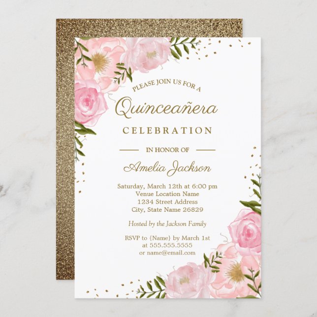 Gold Blush Floral Watercolor Quinceanera Invite (Front/Back)