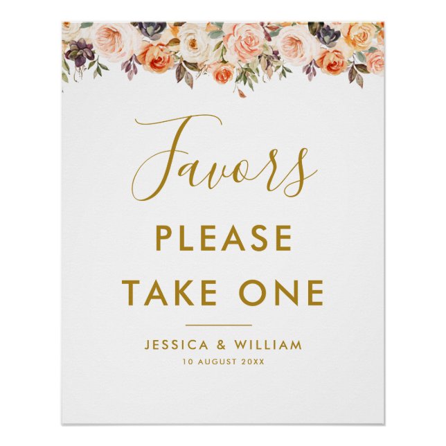 gold blush flowers Favors sign (Front)