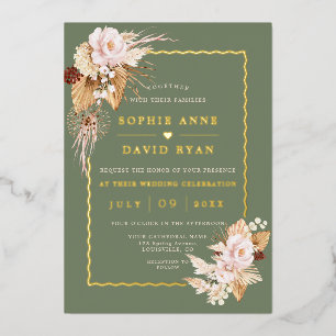Gold Blush Flowers Sage Green Pampas Grass Wedding Foil Invitation