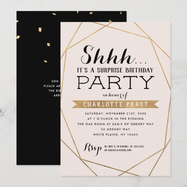 Gold Blush Geometric Shh Surprise Birthday Party Invitation (Front/Back)