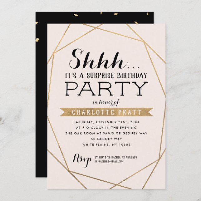 Gold Blush Geometric Shh Surprise Birthday Party Invitation (Front/Back)