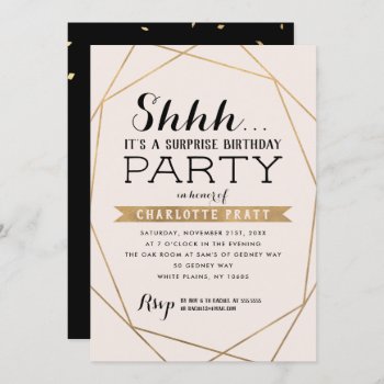 Gold Blush Geometric Shh Surprise Birthday Party Invitation by NBpaperco at Zazzle