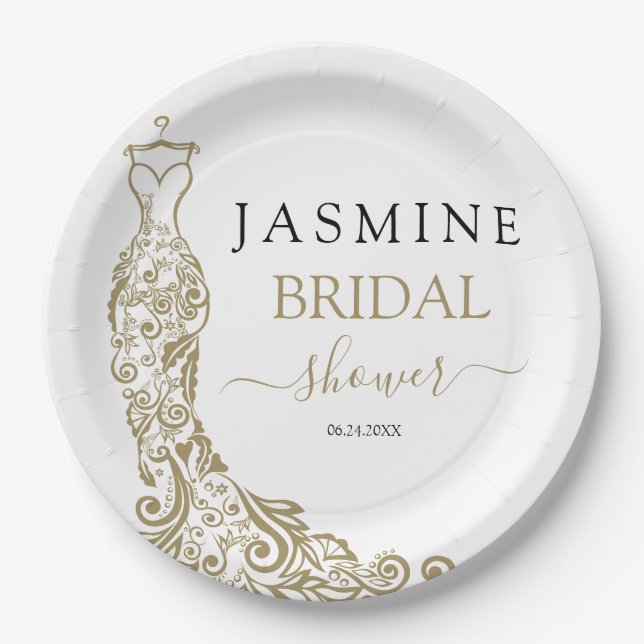 Gold Blush Gown Bridal Shower Paper Plates (Front)