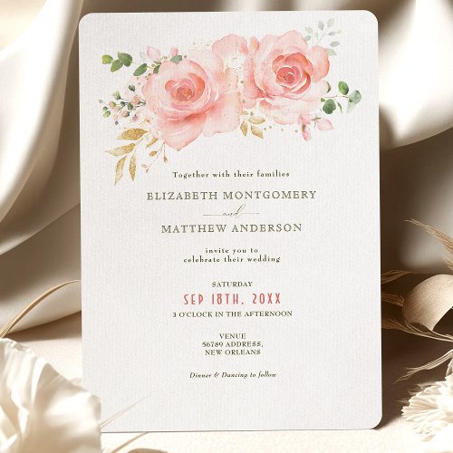 Gold  Blush Greenery Wedding Watercolor Rustic Invitation