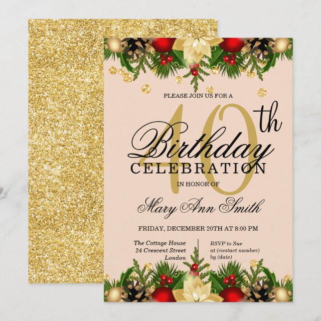 Gold & Blush Holiday Glitter 40th Birthday Party Invitation (Front/Back)