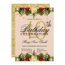 Gold & Blush Holiday Glitter 40th Birthday Party Invitation
