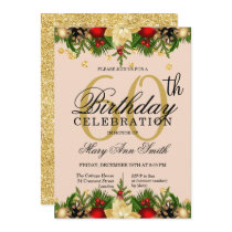 Gold & Blush Holiday Glitter 60th Birthday Party Invitation