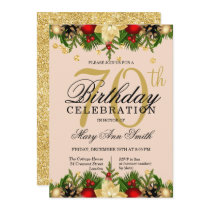 Gold & Blush Holiday Glitter 70th Birthday Party Invitation