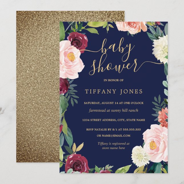 Gold Blush Navy Floral Baby Shower Invite (Front/Back)