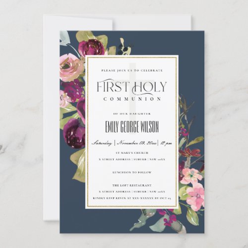 GOLD BLUSH NAVY RED FLORAL HOLY COMMUNION INVITE