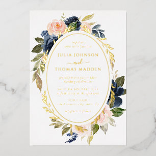 Gold Blush Navy Wedding Floral Foliage Foil Invitation