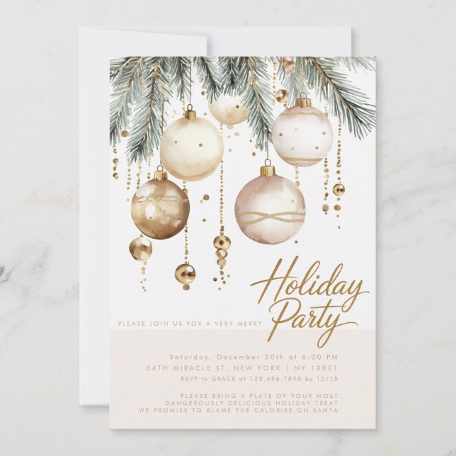 Gold Blush Ornaments Baubles Christmas Party Invitation (Front)