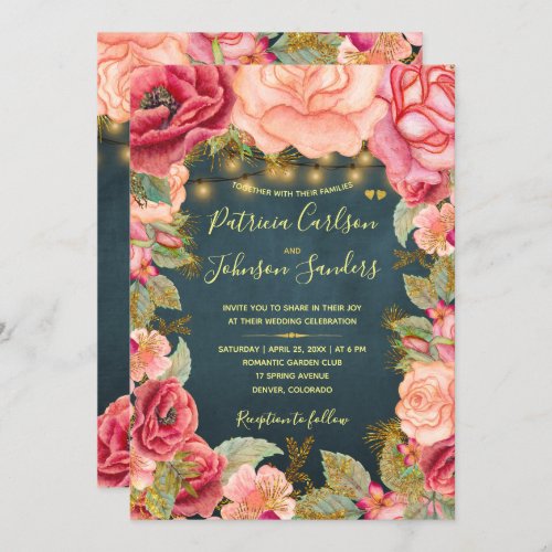 Gold blush peonies and lights on navy wedding invitation