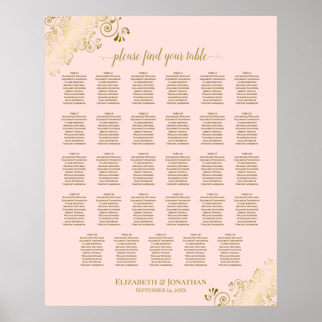 Gold & Blush Pink 29 Table Wedding Seating Chart (Front)