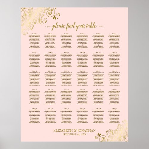 Gold  Blush Pink 30 Table Wedding Seating Chart