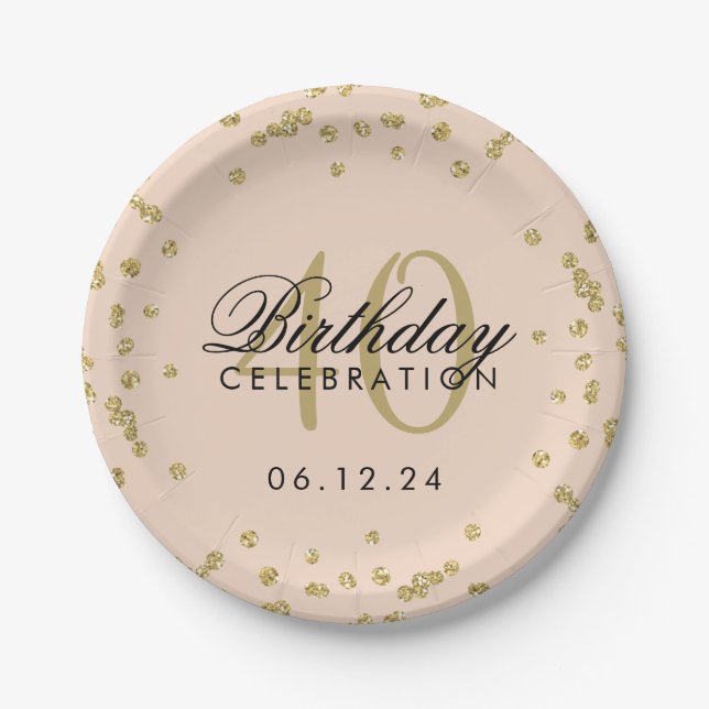 Gold Blush Pink 40th Birthday Glitter Confetti Paper Plates (Front)