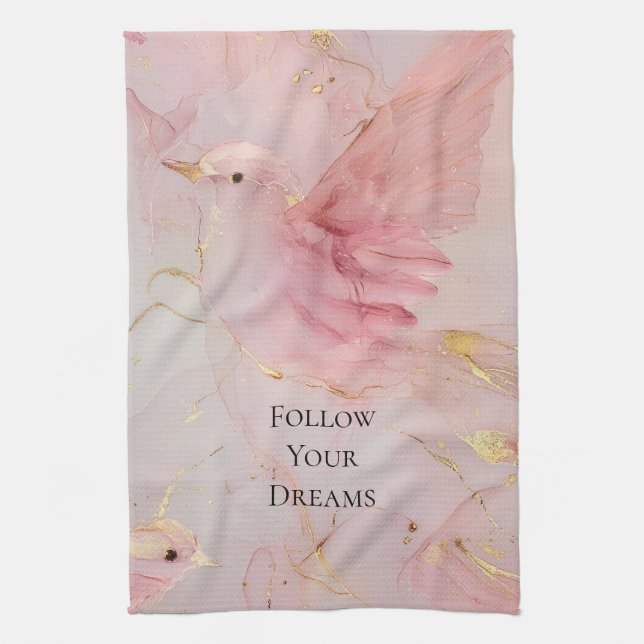 Gold Blush Pink Birds Baby Shower Kitchen Towel (Vertical)