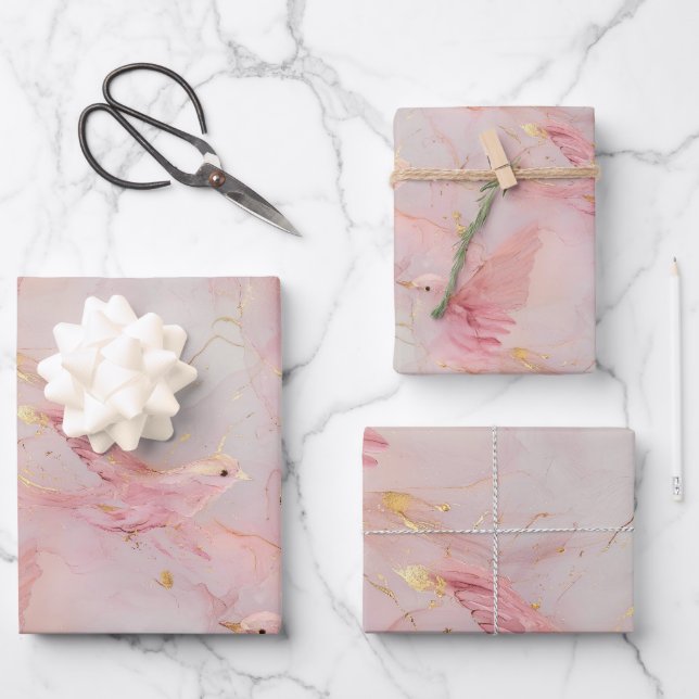 Gold Blush Pink Birds Baby Shower Wrapping Paper Sheets (Front)