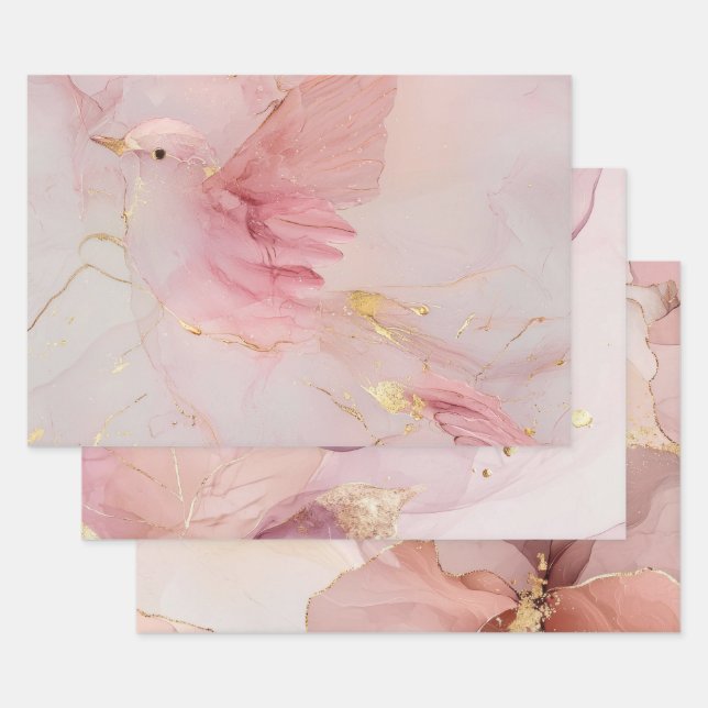 Gold Blush Pink Birds Baby Shower Wrapping Paper Sheets (Set)