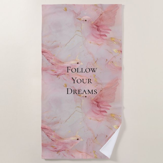 Gold Blush Pink Birds Beach Towel (Front)
