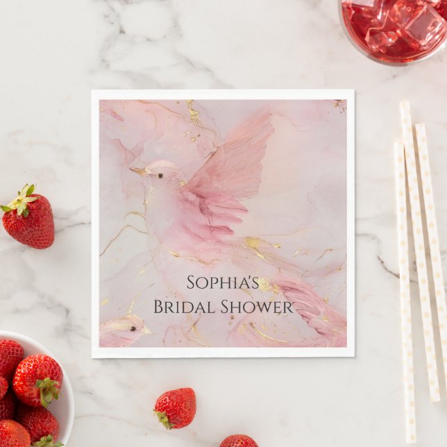Gold Blush Pink Birds Bridal Shower Napkins (Insitu)