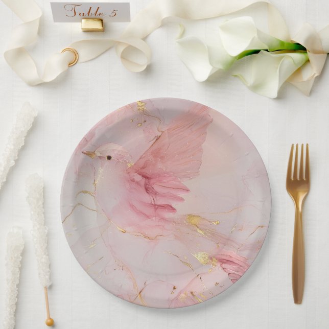Gold Blush Pink Birds Bridal Shower Paper Plates (Wedding)