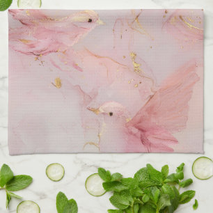 Gold Blush Pink Birds Kitchen Towel
