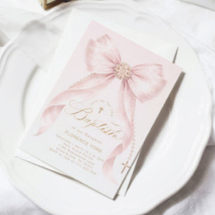 Gold Blush Pink Bow Girl Baptism Religious Invitation