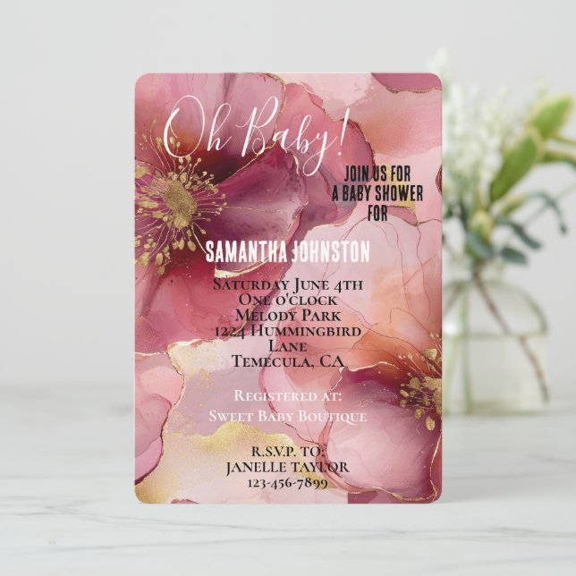 Gold Blush Pink Burgundy Floral Baby Shower  Invitation (Standing Front)