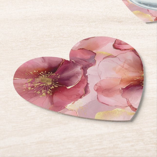 Gold Blush Pink Burgundy Floral Bridal Shower Paper Coaster (Angled)