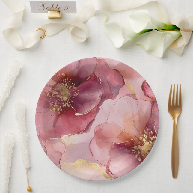 Gold Blush Pink Burgundy Floral Bridal Shower Paper Plates (Wedding)
