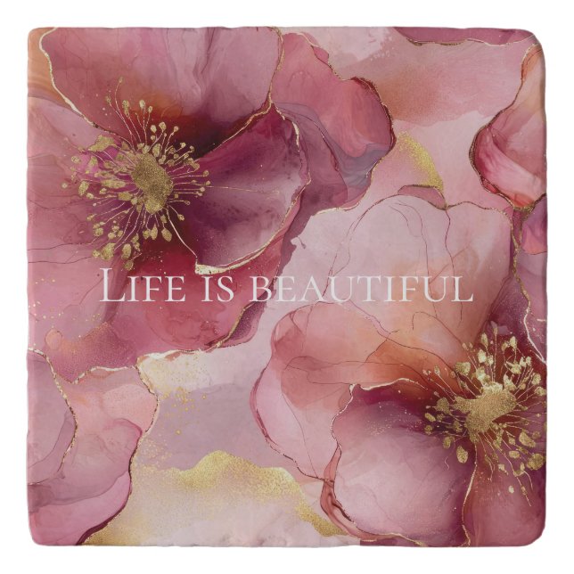 Gold Blush Pink Burgundy Floral Bridal Shower Trivet (Front)