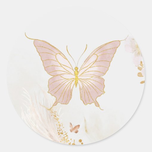 Gold blush pink butterfly classic round sticker | Zazzle