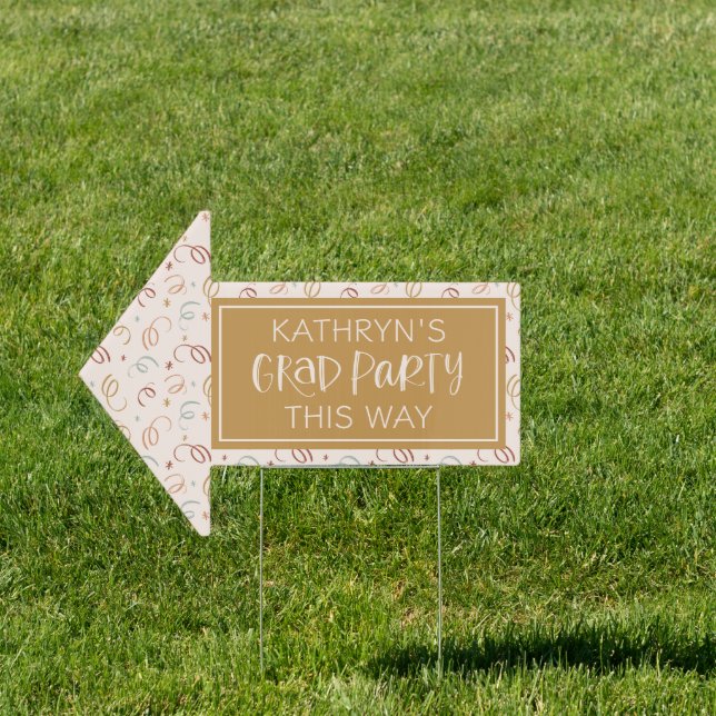 Gold Blush Pink Confetti Arrow Graduation Party Sign (Insitu)
