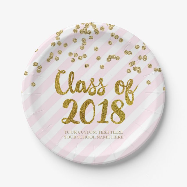 Gold Blush Pink Confetti Graduation 2018 Paper Plates (Front)