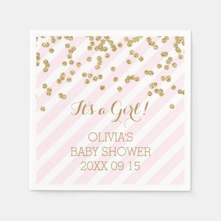 Gold Blush Pink Confetti Stripes Baby Shower Paper Napkins
