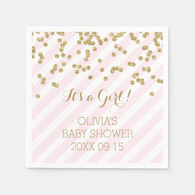 Gold Blush Pink Confetti Stripes Baby Shower Paper Napkins (Front)