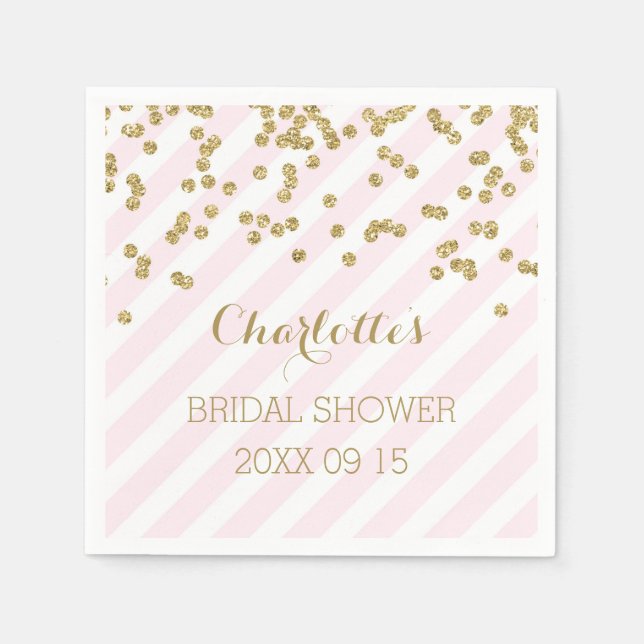 Gold Blush Pink Confetti Stripes Bridal Shower Napkins (Front)
