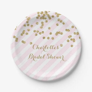 Blush Plates Zazzle Gold Blush Pink Confetti Stripes Bridal Shower Paper Plate